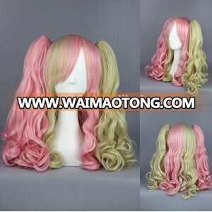 High Quality 60cm Long Cirly Pink&Yellow Color Mixed Synthetic Anime Lolita Wig Cosplay Lolita Hair Ponytails Wig Party Wig