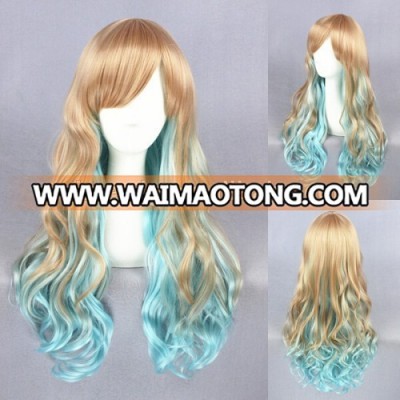 High Quality 65cm Medium Long Wave Brown&Blue Color Mixed Lolita Wig Synthetic Anime Wig Cosplay Hair Wig Party Wig